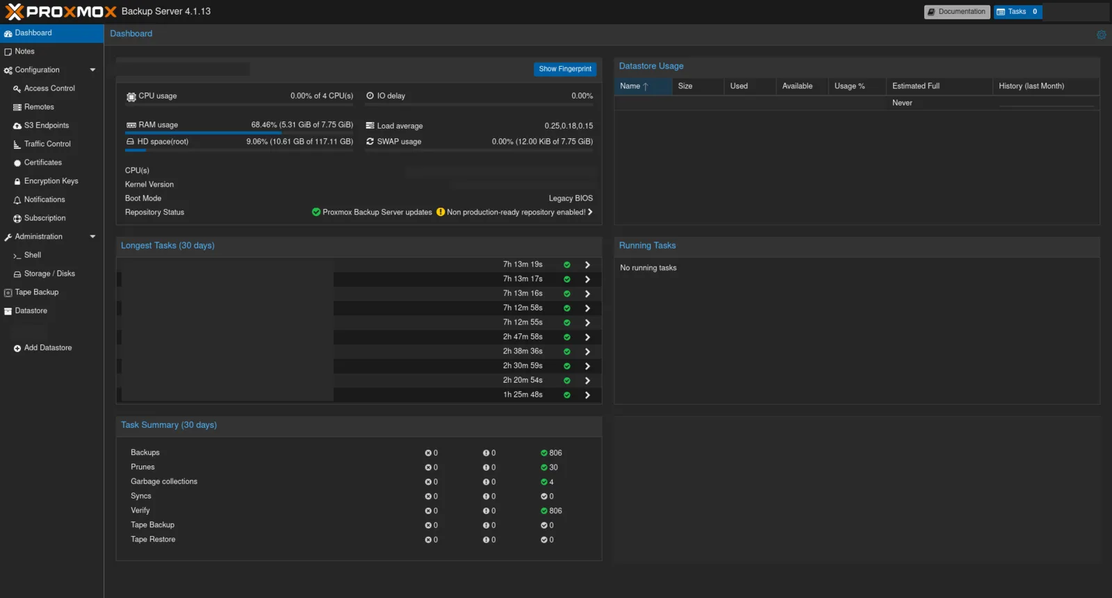 Anonymized Proxmox Backup Server panel with backup tasks and datastore status